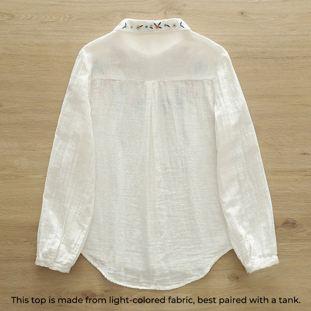 Buddha Stones Fall White Colorful Floral Embroidery Buttons Women's Cotton Long Sleeve Shirt - image 2