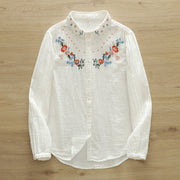 Buddha Stones Fall White Colorful Floral Embroidery Buttons Women's Cotton Long Sleeve Shirt - image 1