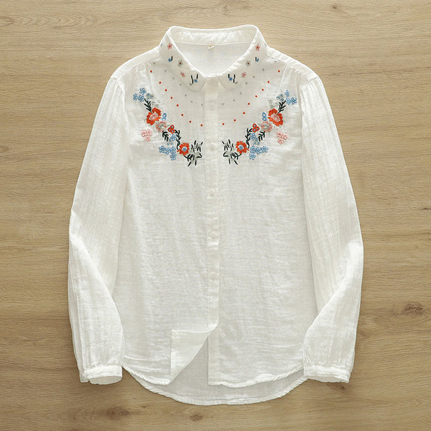 Buddha Stones Fall White Colorful Floral Embroidery Buttons Women's Cotton Long Sleeve Shirt - image 1