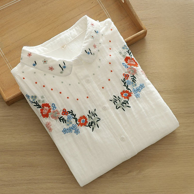Buddha Stones Fall White Colorful Floral Embroidery Buttons Women's Cotton Long Sleeve Shirt - image 4