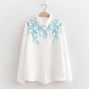 Buddha Stones Fall White Green Grass Buttons Women's Cotton Long Sleeve Shirt - White - US6，UK/AU10，EU38 (L) - image 0