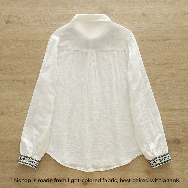 Buddha Stones Fall White Geometric Embroidery Buttons Women's Cotton Long Sleeve Shirt - image 2