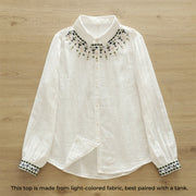 Buddha Stones Fall White Geometric Embroidery Buttons Women's Cotton Long Sleeve Shirt - image 1
