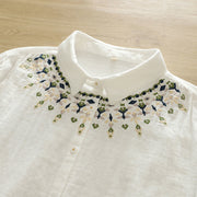 Buddha Stones Fall White Geometric Embroidery Buttons Women's Cotton Long Sleeve Shirt - image 6