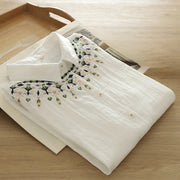 Buddha Stones Fall White Geometric Embroidery Buttons Women's Cotton Long Sleeve Shirt - image 3