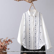 Buddha Stones Fall White Geometric Striped Flower Embroidery Button Women's Cotton Long Sleeve Shirt - White Striped Geometric - US4，UK/AU8，EU36 (L) - image 10