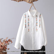 Buddha Stones Fall White Geometric Striped Flower Embroidery Button Women's Cotton Long Sleeve Shirt - White Red Flower - US4，UK/AU8，EU36 (L) - image 14