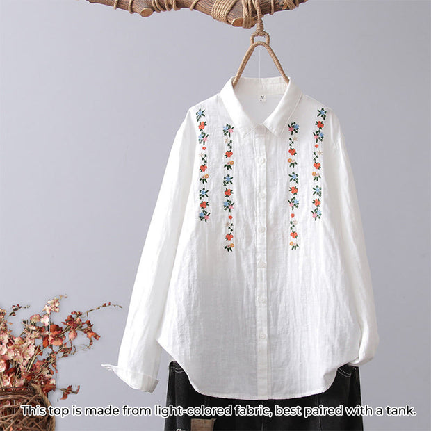 Buddha Stones Fall White Geometric Striped Flower Embroidery Button Women's Cotton Long Sleeve Shirt - White Red Flower - US4，UK/AU8，EU36 (L) - image 14