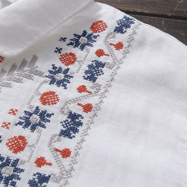 Buddha Stones Fall White Geometric Striped Flower Embroidery Button Women's Cotton Long Sleeve Shirt - image 3