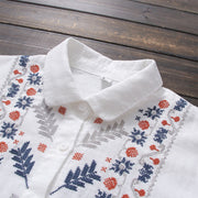 Buddha Stones Fall White Geometric Striped Flower Embroidery Button Women's Cotton Long Sleeve Shirt - image 2