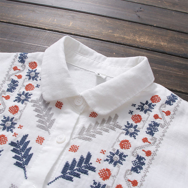 Buddha Stones Fall White Geometric Striped Flower Embroidery Button Women's Cotton Long Sleeve Shirt - image 2