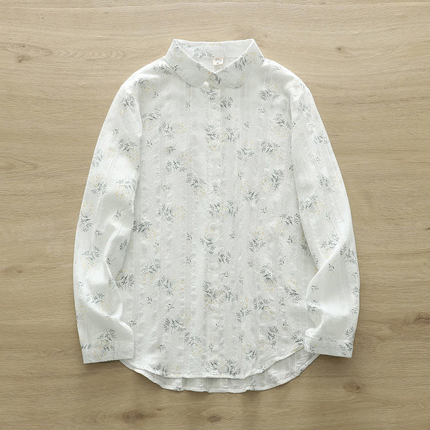 Buddha Stones Fall White Yellow Flowers Green Leaves Buttons Women's Cotton Long Sleeve Shirt - White - US6，UK/AU10，EU38 (XL) - image 1