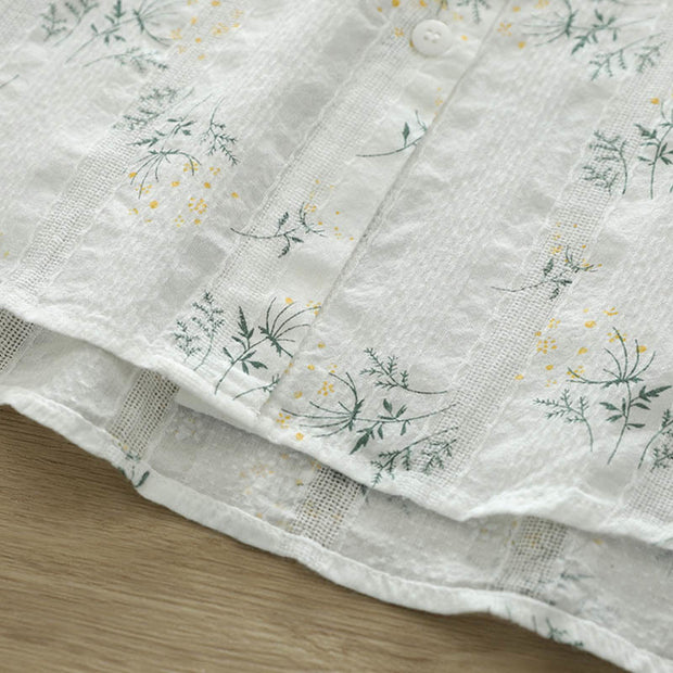 Buddha Stones Fall White Yellow Flowers Green Leaves Buttons Women's Cotton Long Sleeve Shirt - image 8