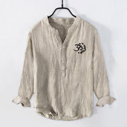 Buddha Stones Om Symbol Mantra Lotus Pattern Half Buttons Men's Cotton Linen Long Sleeve Shirt - image 1