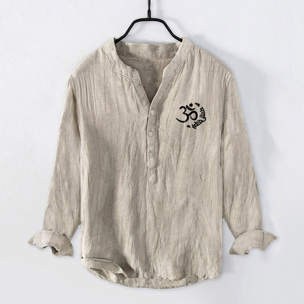 Buddha Stones Om Symbol Mantra Lotus Pattern Half Buttons Men's Cotton Linen Long Sleeve Shirt - image 1