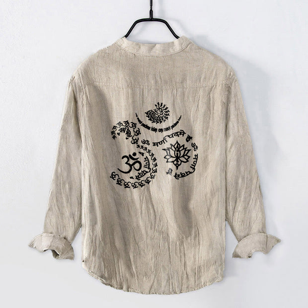 Buddha Stones Om Symbol Mantra Lotus Pattern Half Buttons Men's Cotton Linen Long Sleeve Shirt - image 2