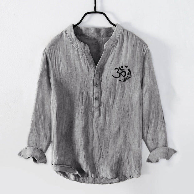 Buddha Stones Om Symbol Mantra Lotus Pattern Half Buttons Men's Cotton Linen Long Sleeve Shirt - image 4