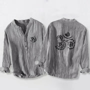 Buddha Stones Om Symbol Mantra Lotus Pattern Half Buttons Men's Cotton Linen Long Sleeve Shirt - Gray - US/UK/AU50，EU60 (5XL) - image 3