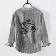 Buddha Stones Om Symbol Mantra Lotus Pattern Half Buttons Men's Cotton Linen Long Sleeve Shirt - image 5