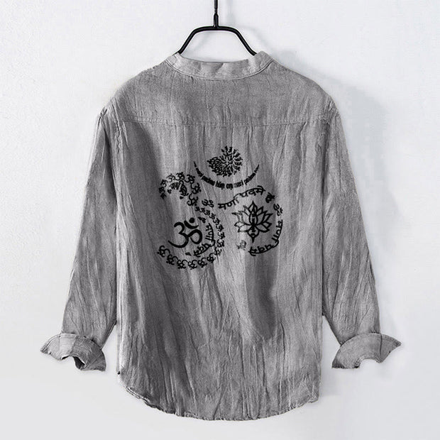 Buddha Stones Om Symbol Mantra Lotus Pattern Half Buttons Men's Cotton Linen Long Sleeve Shirt - image 5