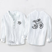 Buddha Stones Om Symbol Mantra Lotus Pattern Half Buttons Men's Cotton Linen Long Sleeve Shirt - White - US/UK/AU50，EU60 (5XL) - image 6