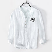 Buddha Stones Om Symbol Mantra Lotus Pattern Half Buttons Men's Cotton Linen Long Sleeve Shirt - image 7