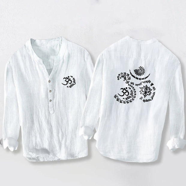 Buddha Stones Om Symbol Mantra Lotus Pattern Half Buttons Men's Cotton Linen Long Sleeve Shirt - White - US/UK/AU50，EU60 (5XL) - image 6