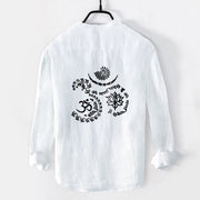 Buddha Stones Om Symbol Mantra Lotus Pattern Half Buttons Men's Cotton Linen Long Sleeve Shirt - image 8