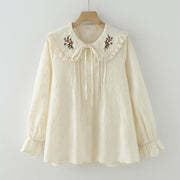 Buddha Stones Fall White Floral Embroidery Peter Pan Collar Buttons Women's Cotton Long Sleeve Shirt - Beige - US6，UK/AU10，EU38 (L) - image 0
