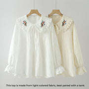 Buddha Stones Fall White Floral Embroidery Peter Pan Collar Buttons Women's Cotton Long Sleeve Shirt - image 1
