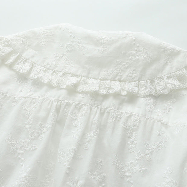 Buddha Stones Fall White Floral Embroidery Peter Pan Collar Buttons Women's Cotton Long Sleeve Shirt - image 5