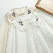 Buddha Stones Fall White Floral Embroidery Peter Pan Collar Buttons Women's Cotton Long Sleeve Shirt - image 12