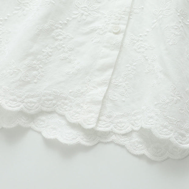 Buddha Stones Fall White Floral Embroidery Peter Pan Collar Buttons Women's Cotton Long Sleeve Shirt - image 8