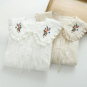 Buddha Stones Fall White Floral Embroidery Peter Pan Collar Buttons Women's Cotton Long Sleeve Shirt - image 11