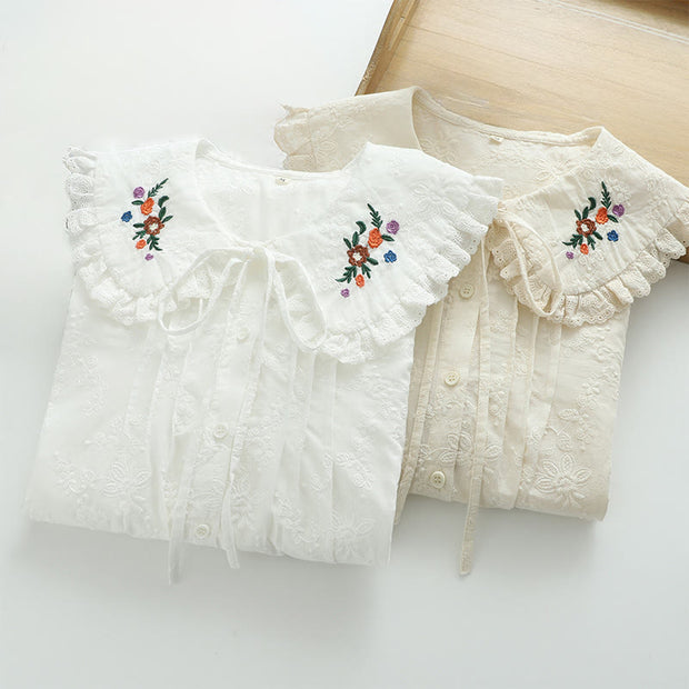 Buddha Stones Fall White Floral Embroidery Peter Pan Collar Buttons Women's Cotton Long Sleeve Shirt - image 11