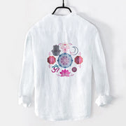 Buddha Stones Mandala Om Lotus Hamsa's Hands Half Buttons Men's Cotton Linen Long Sleeve Shirt - image 2
