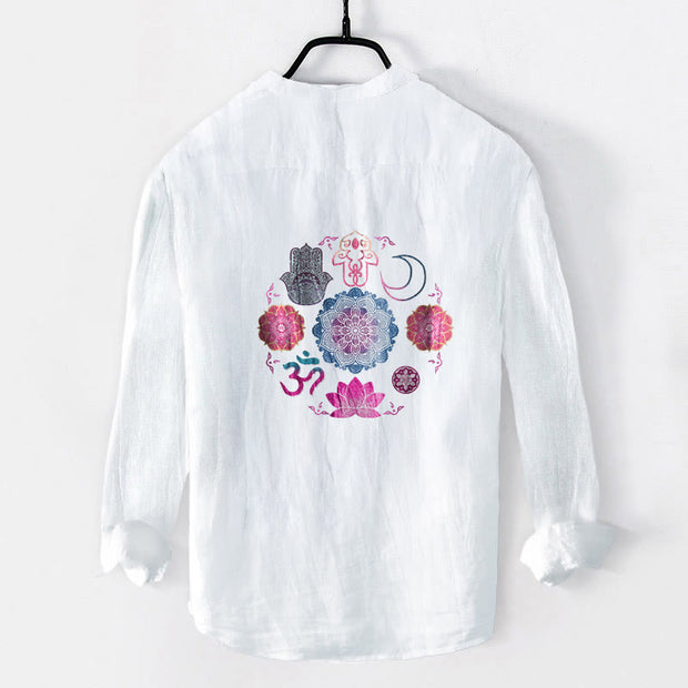 Buddha Stones Mandala Om Lotus Hamsa's Hands Half Buttons Men's Cotton Linen Long Sleeve Shirt - image 2