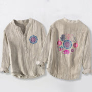Buddha Stones Mandala Om Lotus Hamsa's Hands Half Buttons Men's Cotton Linen Long Sleeve Shirt - Linen - US/UK/AU50，EU60 (5XL) - image 3