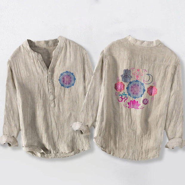 Buddha Stones Mandala Om Lotus Hamsa's Hands Half Buttons Men's Cotton Linen Long Sleeve Shirt - Linen - US/UK/AU50，EU60 (5XL) - image 3
