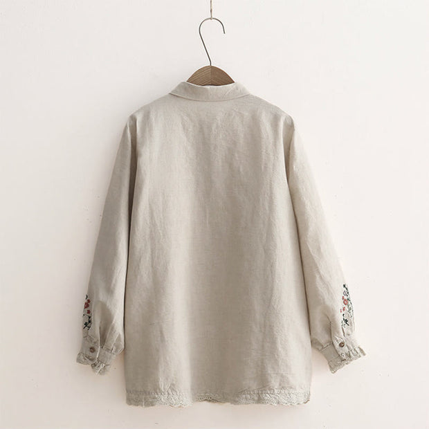 Buddha Stones Fall Beige Floral Grass Embroidery Buttons Women's Cotton Long Sleeve Shirt - image 1