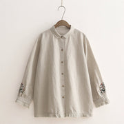 Buddha Stones Fall Beige Floral Grass Embroidery Buttons Women's Cotton Long Sleeve Shirt - Beige - US4-6，UK/AU8-10，EU36-38 (F) - image 0