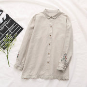 Buddha Stones Fall Beige Floral Grass Embroidery Buttons Women's Cotton Long Sleeve Shirt - image 2