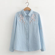 Buddha Stones Fall Pink Plum Blossoms Embroidery Buttons Women's Cotton Long Sleeve Shirt - LightBlue - US6，UK/AU10，EU38 (XL) - image 0