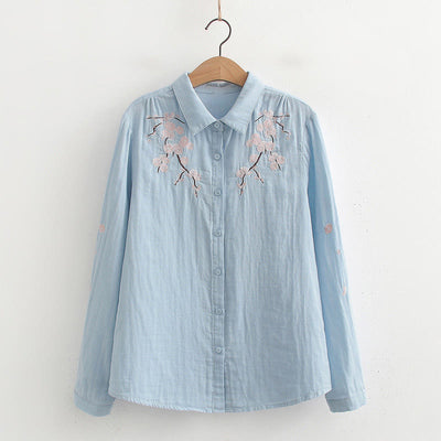 Buddha Stones Fall Pink Plum Blossoms Embroidery Buttons Women's Cotton Long Sleeve Shirt - LightBlue - US6，UK/AU10，EU38 (XL) - image 0