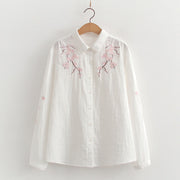 Buddha Stones Fall Pink Plum Blossoms Embroidery Buttons Women's Cotton Long Sleeve Shirt - White - US6，UK/AU10，EU38 (XL) - image 3