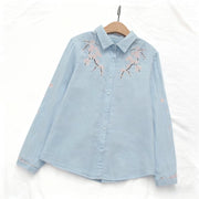 Buddha Stones Fall Pink Plum Blossoms Embroidery Buttons Women's Cotton Long Sleeve Shirt - image 1