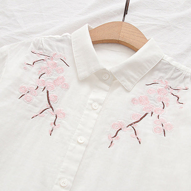 Buddha Stones Fall Pink Plum Blossoms Embroidery Buttons Women's Cotton Long Sleeve Shirt - image 7