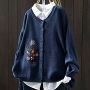 Buddha Stones Floral Embroidery Buttons Cotton Women's Long Sleeve Knitted Cardigan Sweater - SteelBlue - US4-6，UK/AU8-10，EU36-38(F) - image 0