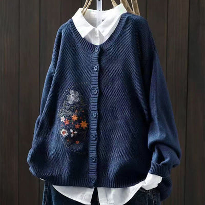 Buddha Stones Floral Embroidery Buttons Cotton Women's Long Sleeve Knitted Cardigan Sweater - SteelBlue - US4-6，UK/AU8-10，EU36-38(F) - image 0