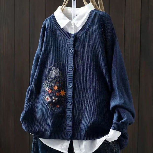 Buddha Stones Floral Embroidery Buttons Cotton Women's Long Sleeve Knitted Cardigan Sweater - SteelBlue - US4-6，UK/AU8-10，EU36-38(F) - image 0